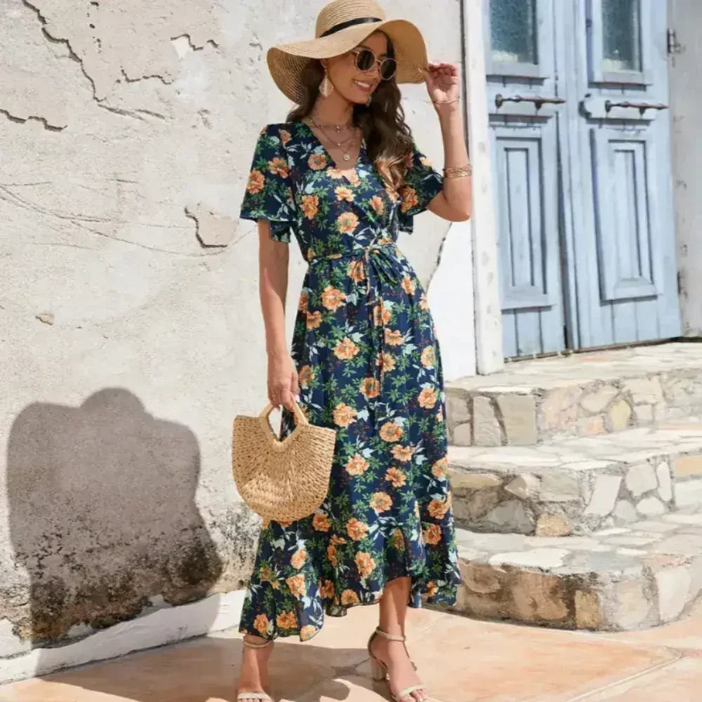 Women’s Floral Wrap Dress – Ruffled Summer Dress in Navy