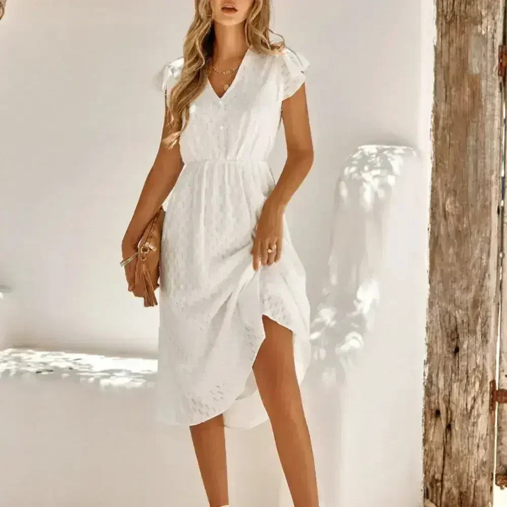 Women V Neck Ruffle Sleeve Summer Dress - Femstylo