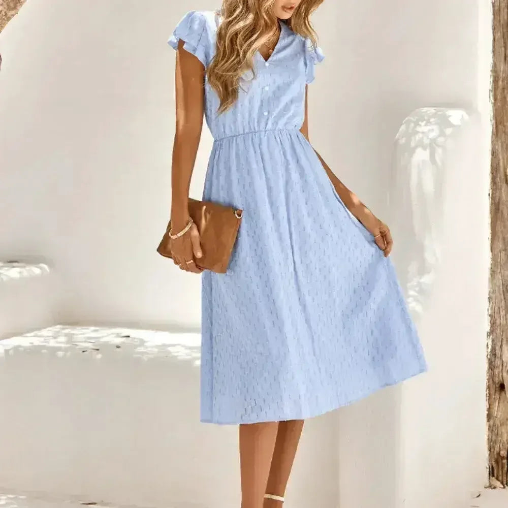 Women V Neck Ruffle Sleeve Summer Dress - Femstylo