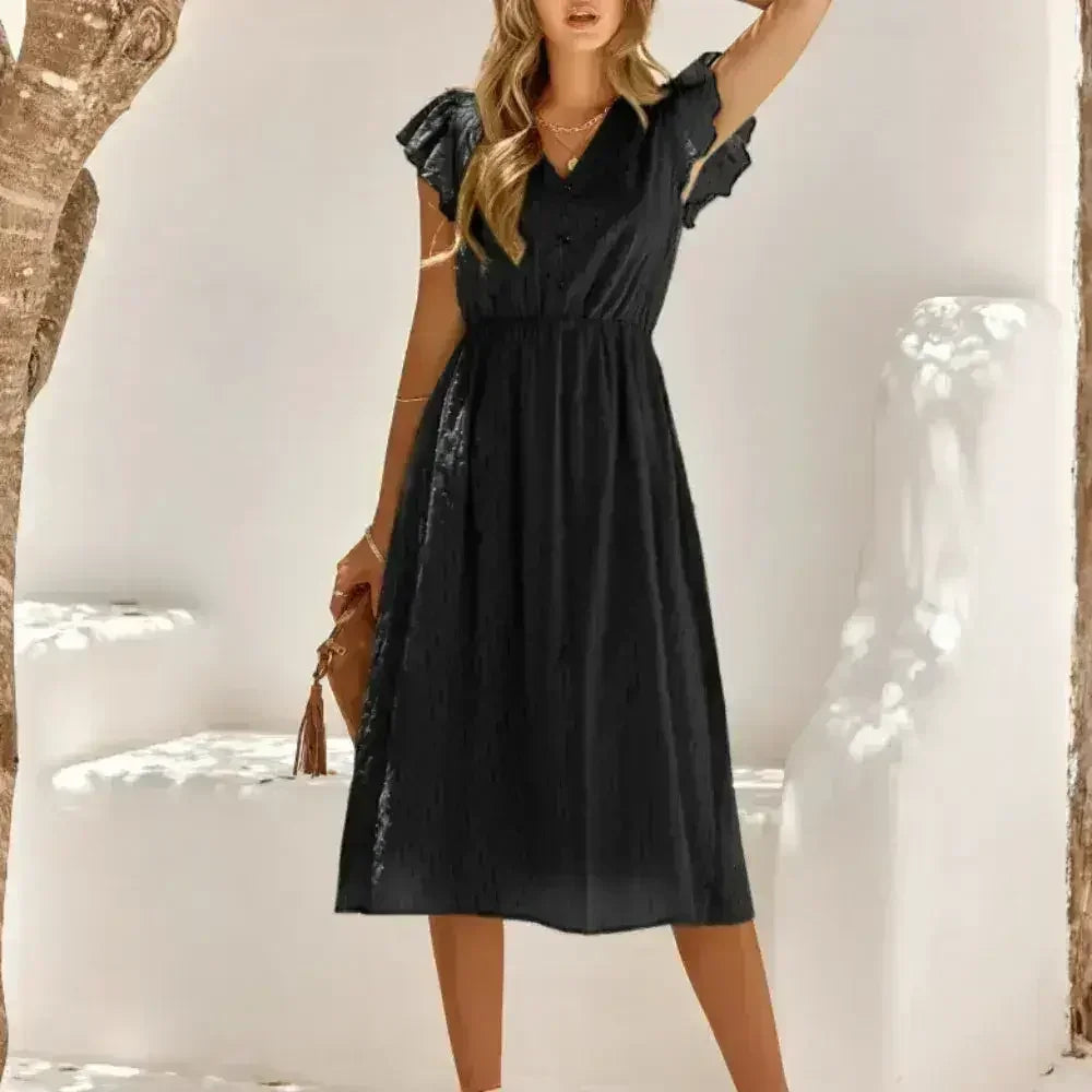 Women V Neck Ruffle Sleeve Summer Dress - Femstylo