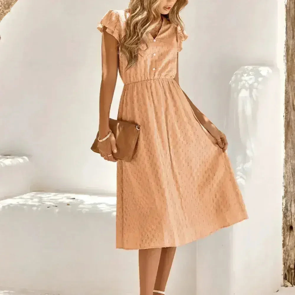 Women V Neck Ruffle Sleeve Summer Dress - Femstylo