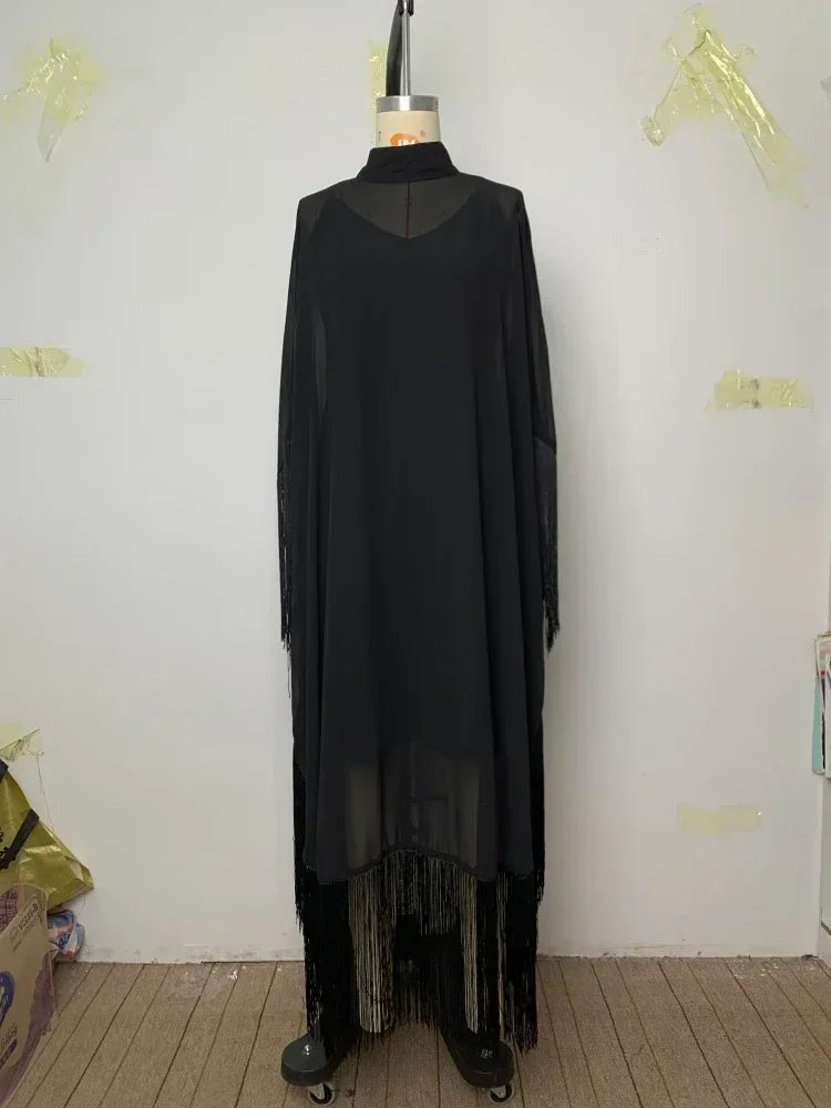 Yeezzi 2025 New Spring Fashion See-Through Tassel Party Dresses Women Batwing Sleeves Solid Color High-Neck Two Piece Set Dress