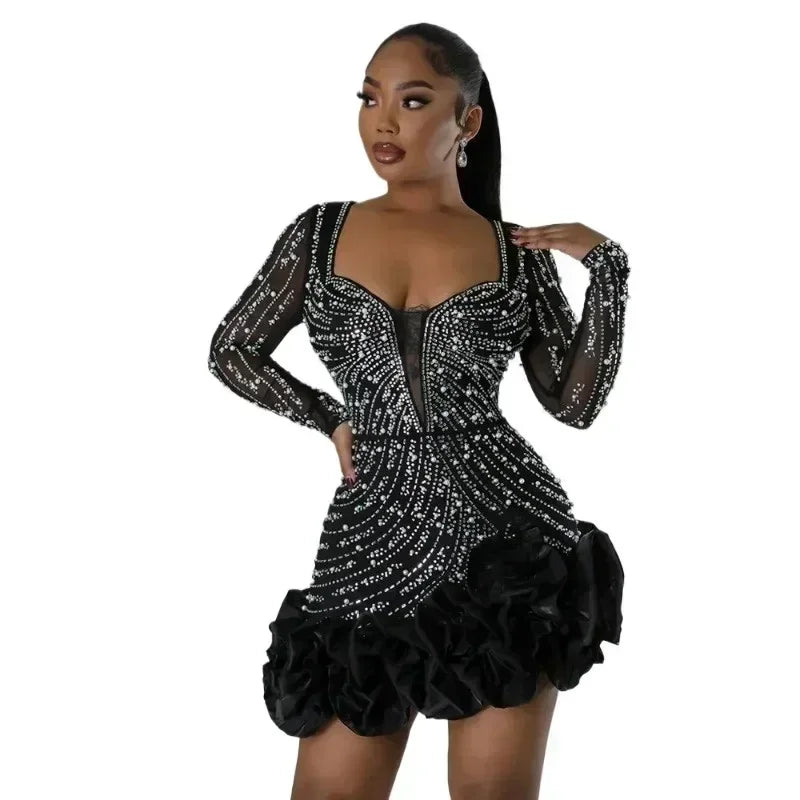 2025 Party Dresses Beading Diamond Long Sleeves Ruffles for women Shiny Elegant Wedding Guest Gown Occasion Celebrate Birthday