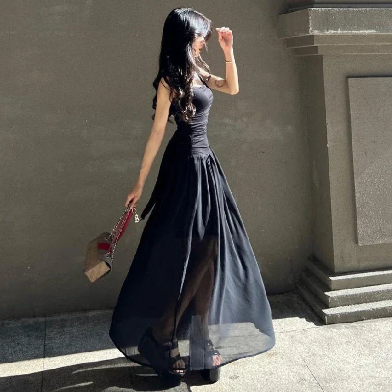 Ruched Bodycon Maxi Dress | Y2K Square Neck Slip Dress -femstylo