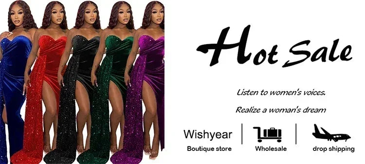 Wishyear Elegant Sparkly Bodycon Long Dresses with Trail Christmas Birthday Dress for Women Sequin Velvet Maxi Evening Vestidos