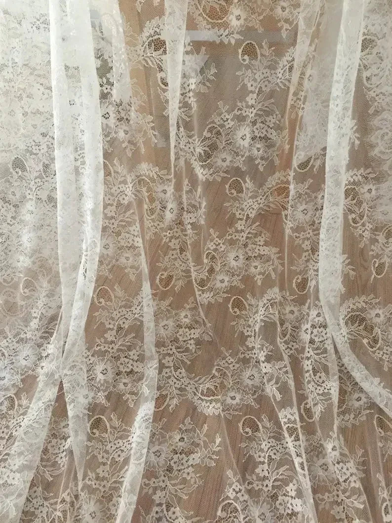 3Meters/lot Off White French Chantilly Lace Fabric , Eyelash Embroidery Lace Craft Bridal Veil Lace Accessory 150cm Width