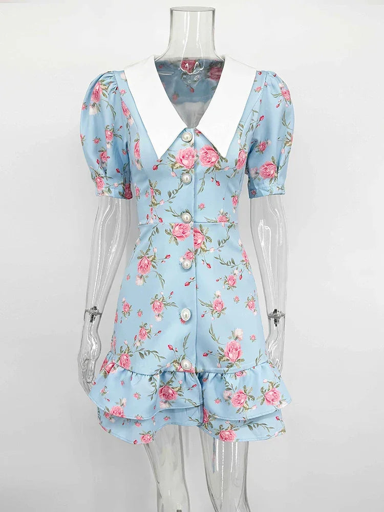 Puff Sleeve V-Neck Mini Dress | Printed Ruffled Pearl Button Dress - Femstylo