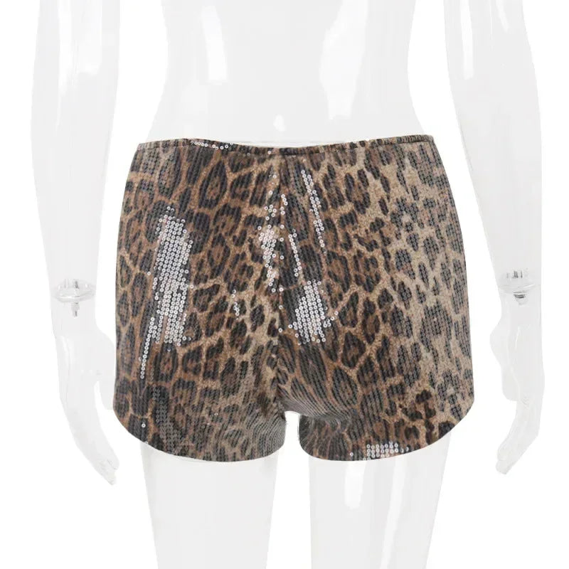WhereMery Retro Leopard Print Seguins Shiny Chic Short Pants Y2K Spring Women's Fashion Night Club Streetwear Women Mini Bottoms