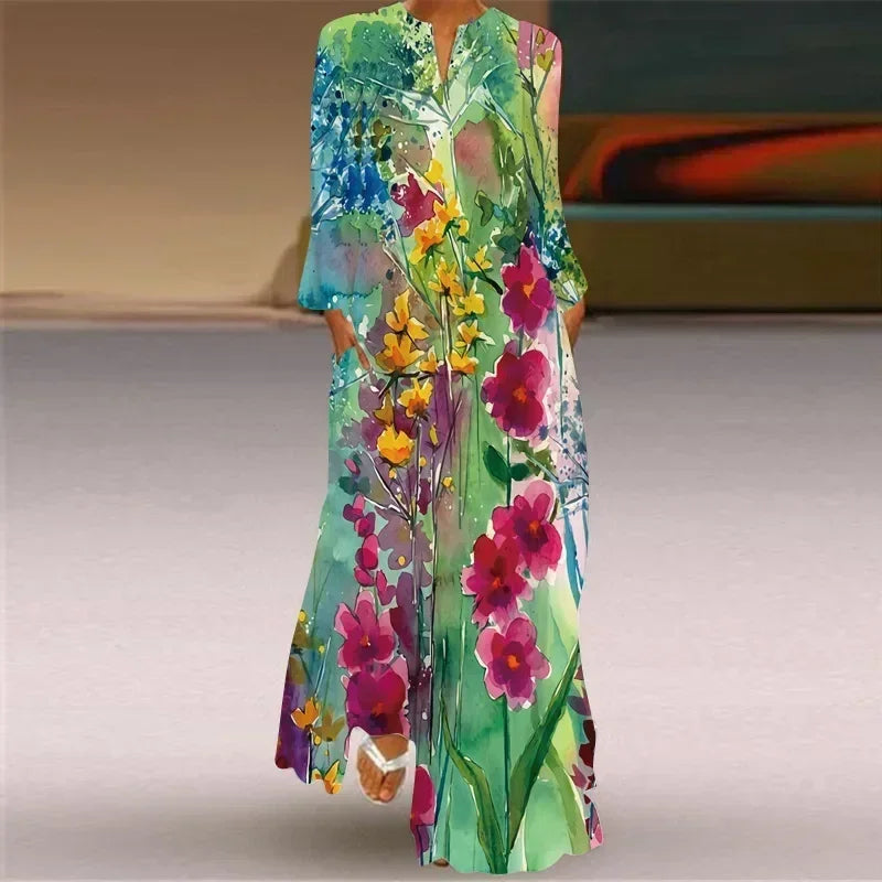Women's Maxi Dress Printed Retro Fashion y2k vestidos Long Sleeve Loose Robe S-5XL