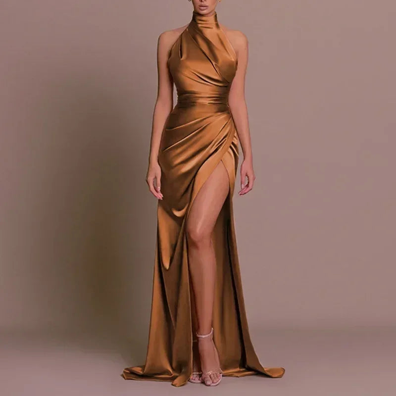 Ladies Summer Satin Evening Birthday Party Dresses Women Sleeveless Backless Halter Side Slit Elegant Long Dress Mowan Clothes
