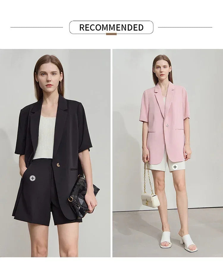 Amii Women's Top Minimalist 2025 Summer New Notched Lapel Contrast Material Patchwork One Button Short Sleeve Blazer 12542081