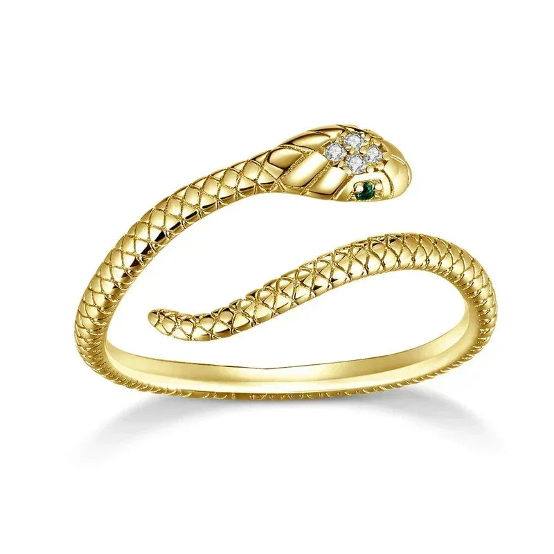 BAMOER 925 Sterling Silver Platinum Plated Adjustable Ring, Green Zircon Retro Textures Snake Ring Fashion Jewelry 4 Colors