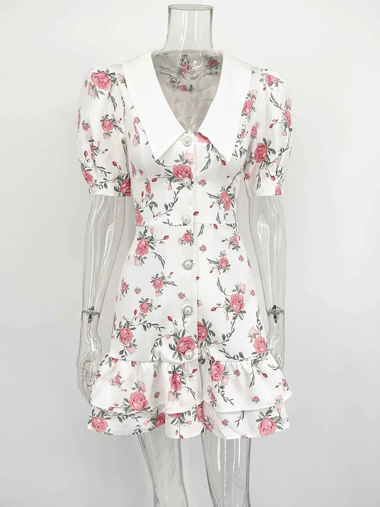 Puff Sleeve V-Neck Mini Dress | Printed Ruffled Pearl Button Dress - Femstylo