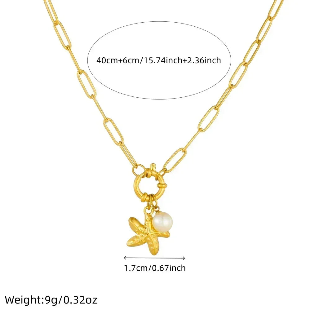 DIEYURO 316L Stainless Steel Golden Ocean Style Starfish Pearl Pendant Necklace Lady New Summer Beach Neck Chain Jewelry Gift