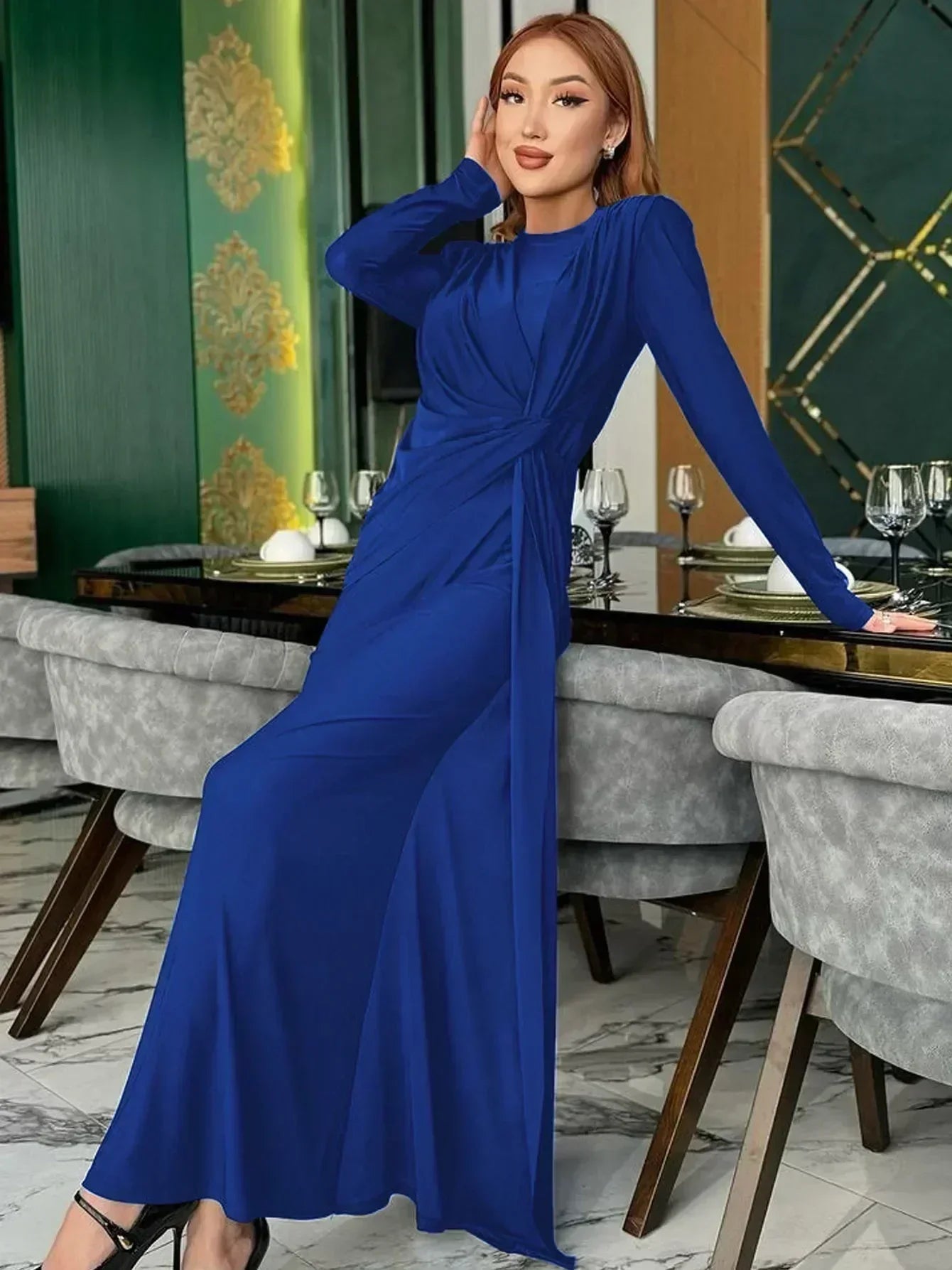 Dulzura Long Sleeves Shoulder Pad Ruched Maxi Dress Solid Elegant Prom Evening Party Long Dress Women’S Autumn Winter Outfit