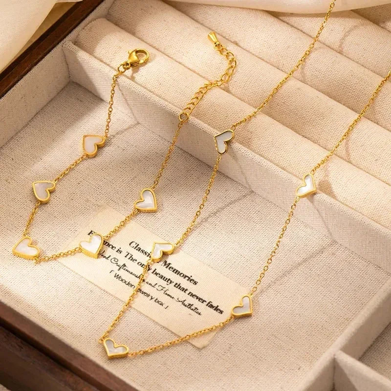 ANENJERY 316L Stainless Steel Heart Shell Necklace Bracelet Earrings For Women Girls Simple Fashion Jewelry Set Gifts Wholesale