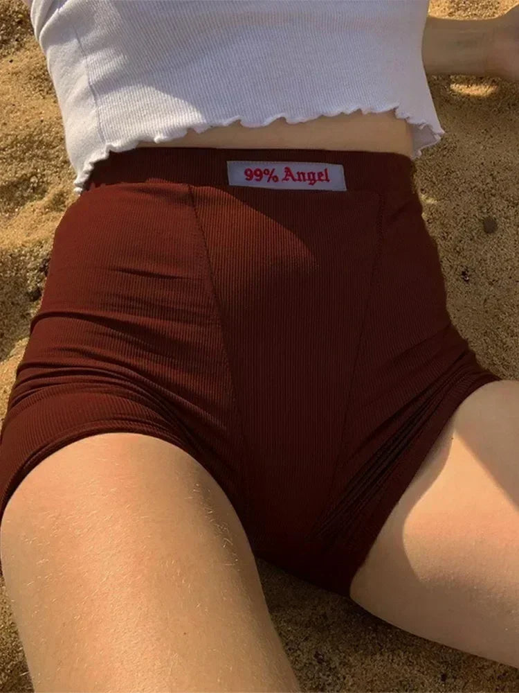 Summer White Letter Embroidery Biker Shorts Women Ribber Knit Black High Waist Casual Streetwear Shorts