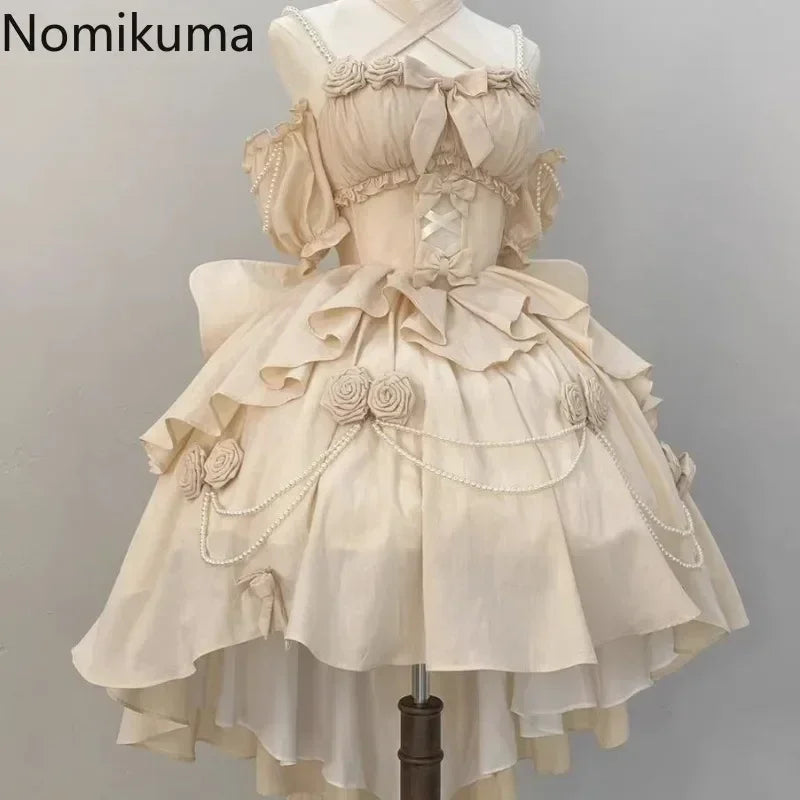 2025 Vestidos De Mujer Sweet Dresses for Women Lolita Style Fashion Japanese Robe Femme Beading Hollow Out 3D Floral Cute Dress