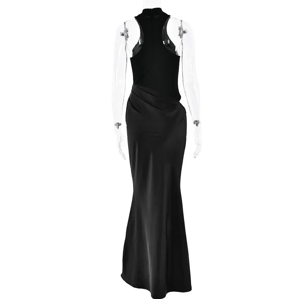 JULISSA MO Satin Sexy Hollow Out Women Maxi Dress Black Sleeveless High Waist Dress Female Autumn Skinny Elegant Party Clubwear