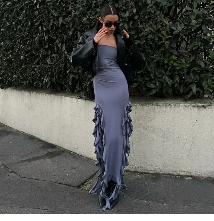 Cryptographic Irregular Ruffle Off Shoulder Sexy Backless Midi Dress for Women Elegant Birthday Vestido Summer Sundresses Ruched