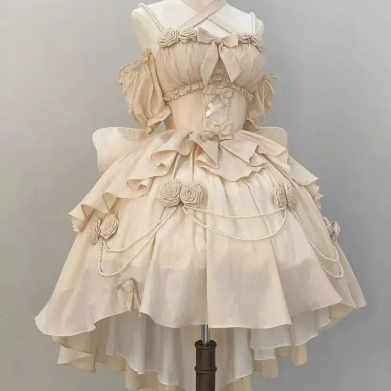 2025 Vestidos De Mujer Sweet Dresses for Women Lolita Style Fashion Japanese Robe Femme Beading Hollow Out 3D Floral Cute Dress