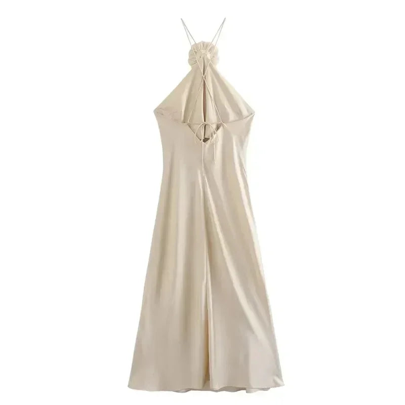 MUJER Flower Halter Dress Woman Off Shoulder Satin Long Dress Women Backless Sexy Evening Dresses Summer Party Dresses For Women