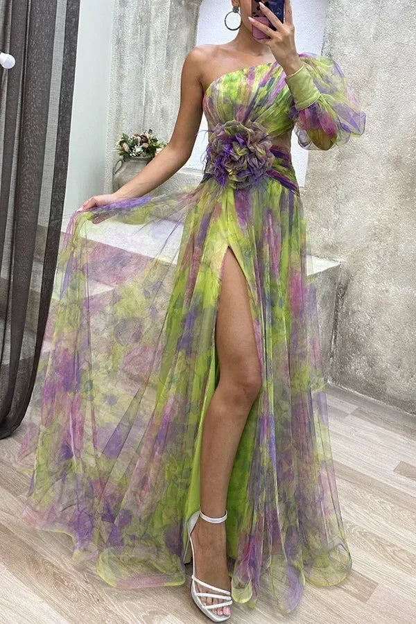 Elegant Oblique Shoulder Single-sleeve  Zipper High Slit Mesh Long Dress For Women Fashion Flower Decoration Party Dress Female