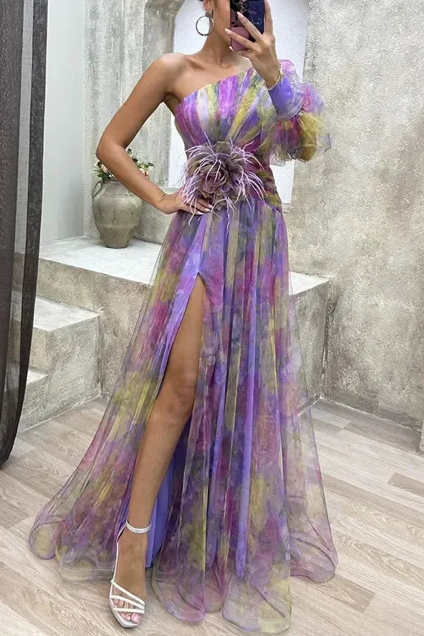 Elegant Oblique Shoulder Single-sleeve  Zipper High Slit Mesh Long Dress For Women Fashion Flower Decoration Party Dress Female