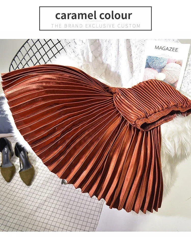 Classic Golden Velvet Pleated Skirt High Waist Retro Style Fashion Office Lady Pleated Long Skirt Winter Velvet Skirt 90cm Long