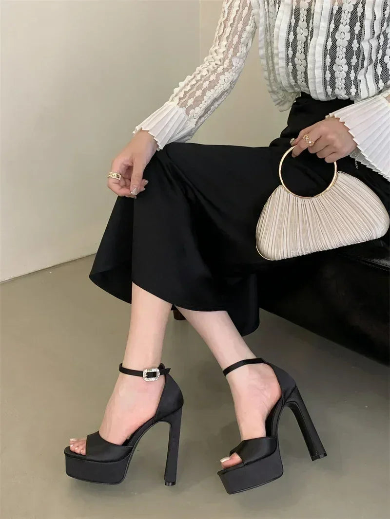Liyke Runway Style Black High Heels Platform Sandals For Women Cozy Silk Square Toe Buckle Strap Lady Party Dress Shoes Size 40