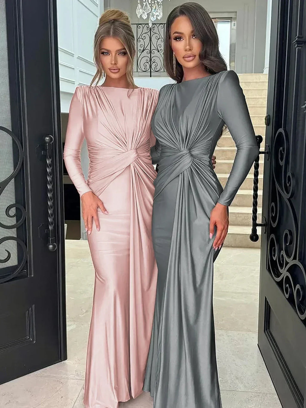 Dulzura Long Sleeves Shoulder Pad Ruched Maxi Dress Solid Elegant Prom Evening Party Long Dress Women’S Autumn Winter Outfit