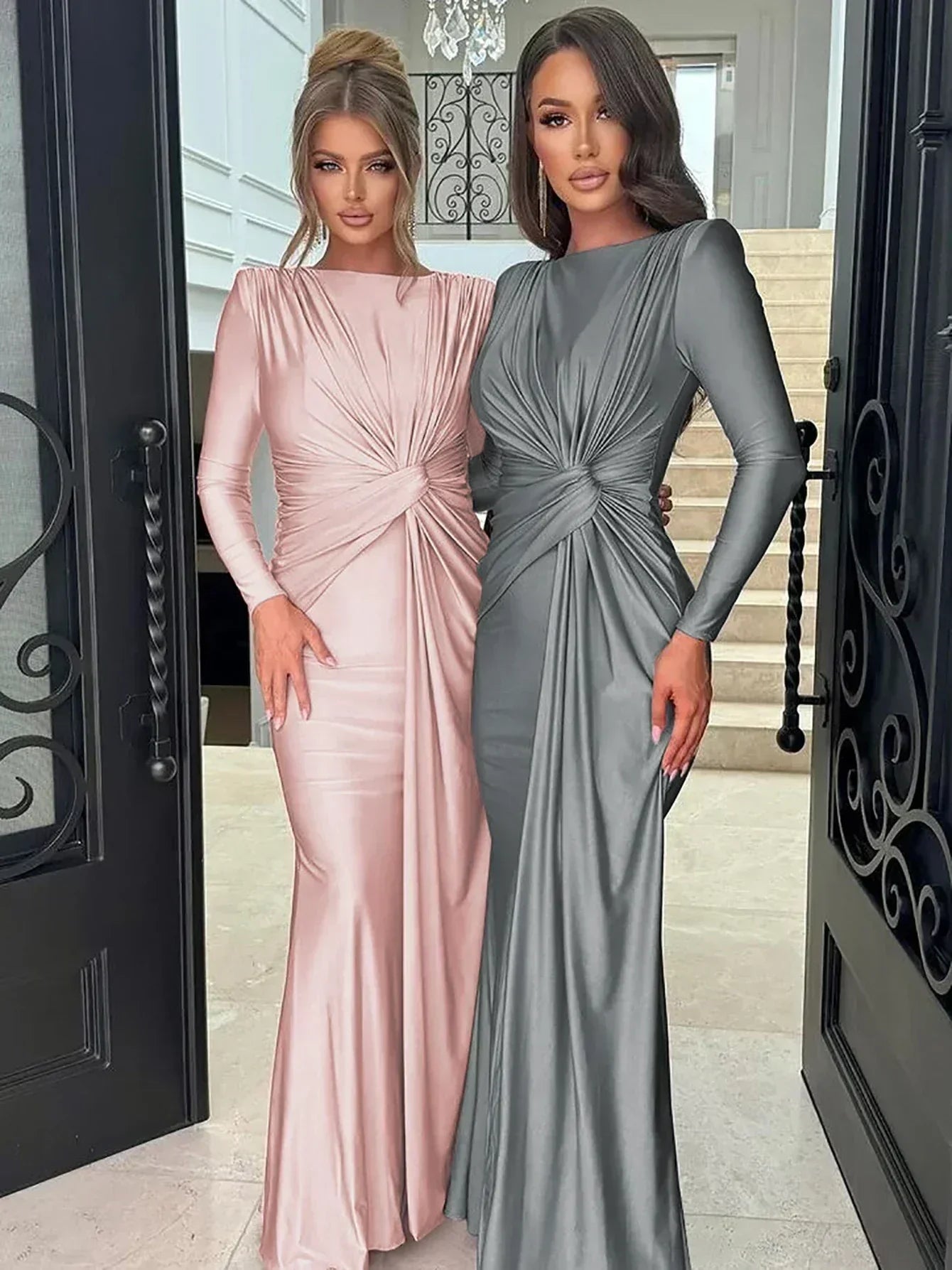 Dulzura Long Sleeves Shoulder Pad Ruched Maxi Dress Solid Elegant Prom Evening Party Long Dress Women’S Autumn Winter Outfit