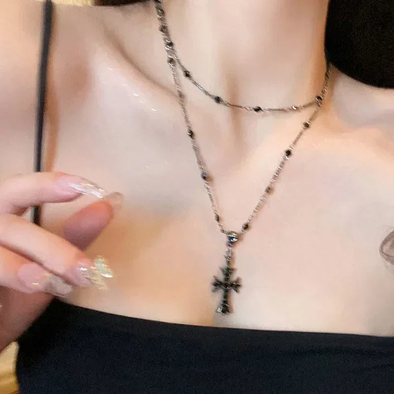 Summer Black Rhinestone Cross Jesus Pendant Choker Necklace for Women Punk Vintage Double Layers Chain 2024 Neck Boho Jewelry