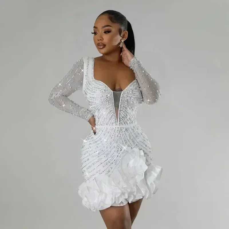 2025 Party Dresses Beading Diamond Long Sleeves Ruffles for women Shiny Elegant Wedding Guest Gown Occasion Celebrate Birthday