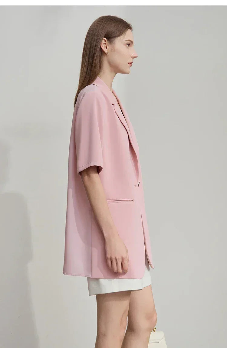 Amii Women's Top Minimalist 2025 Summer New Notched Lapel Contrast Material Patchwork One Button Short Sleeve Blazer 12542081