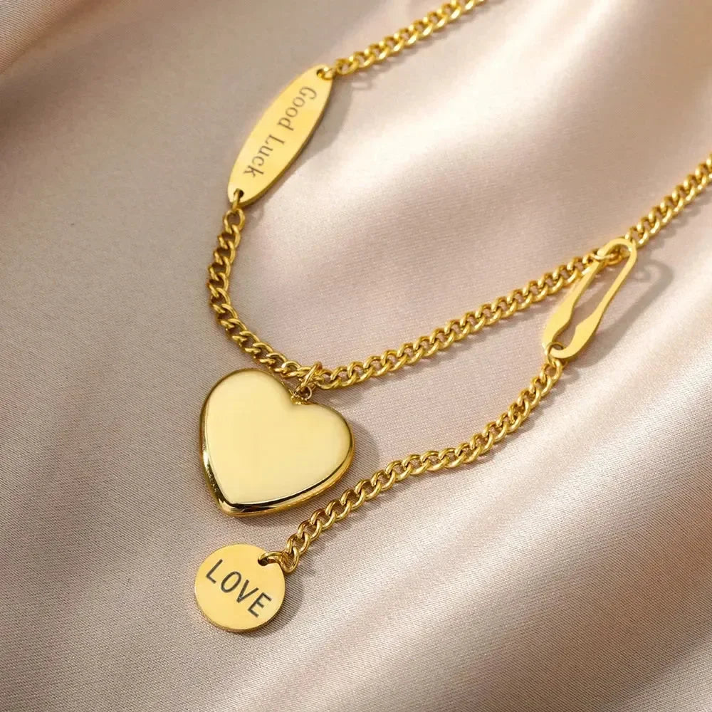 316L Stainless Steel Multilayer Heart Necklace For Women Girls Goth Gold Color Clavicle Chain Charm Choker Jewelry Birthday Gift