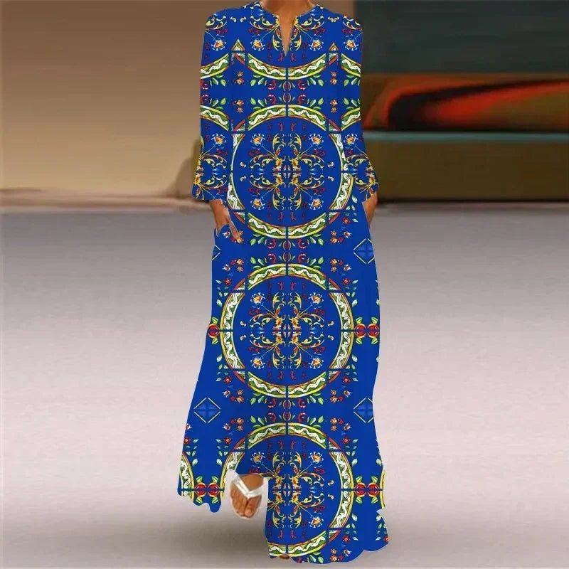 Women's Maxi Dress Printed Retro Fashion y2k vestidos Long Sleeve Loose Robe S-5XL
