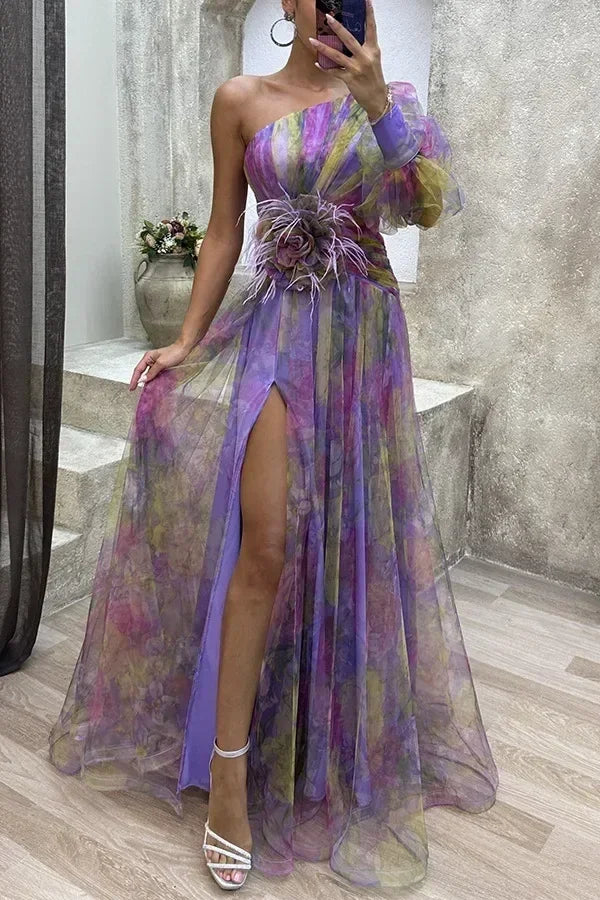Elegant Oblique Shoulder Single-sleeve  Zipper High Slit Mesh Long Dress For Women Fashion Flower Decoration Party Dress Female
