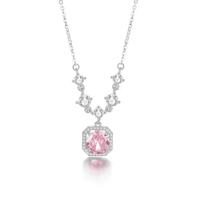 Luxurious Square Pink Zircon Pendant Necklace For Women Fashionable Personalized Daily Accessory Party Jewelry Birthday Gifts