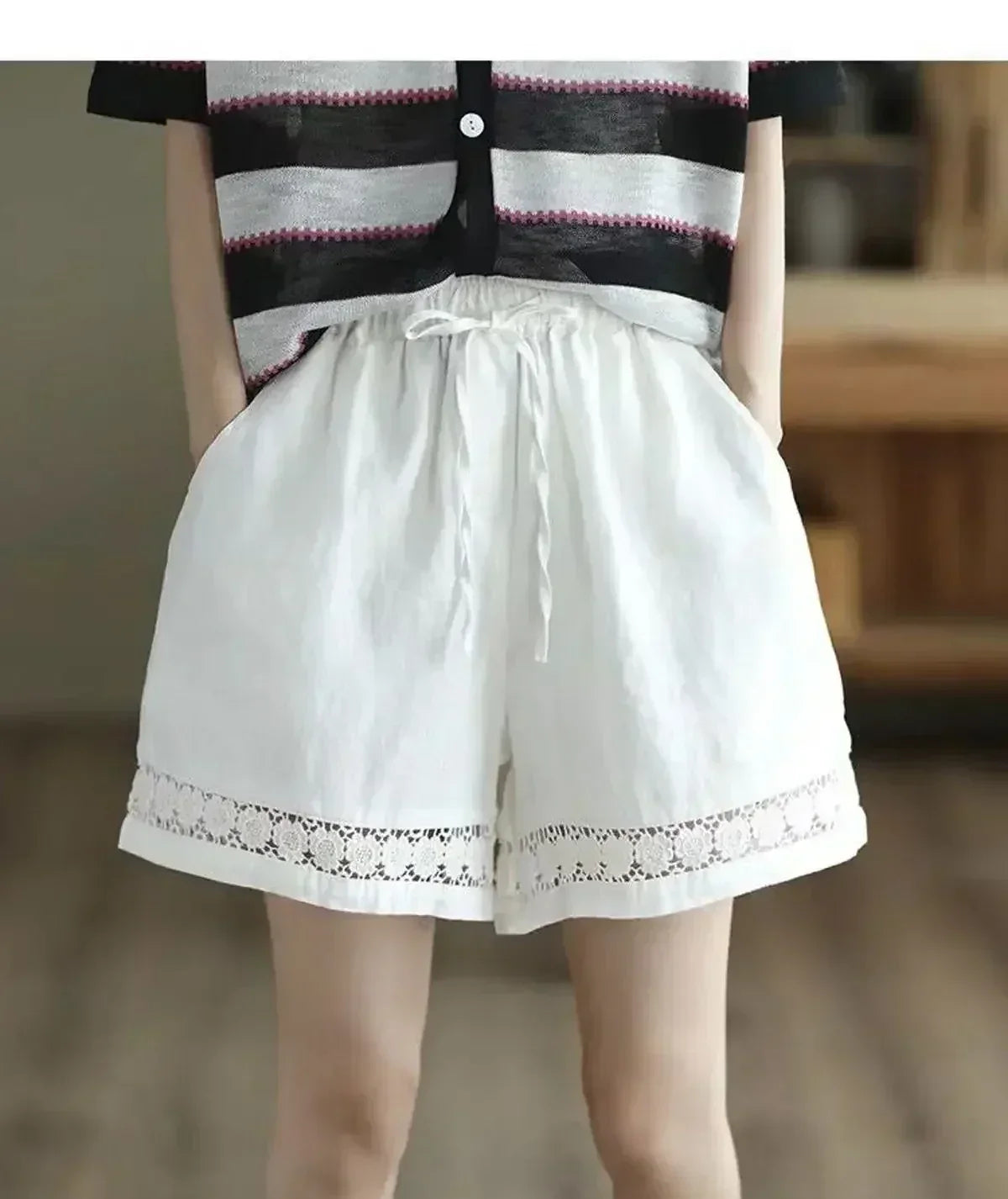 Cotton Linen Vintage High-Waist Elastic New Style Tie-Belt Embroidered Hollow Casual Straight Shorts