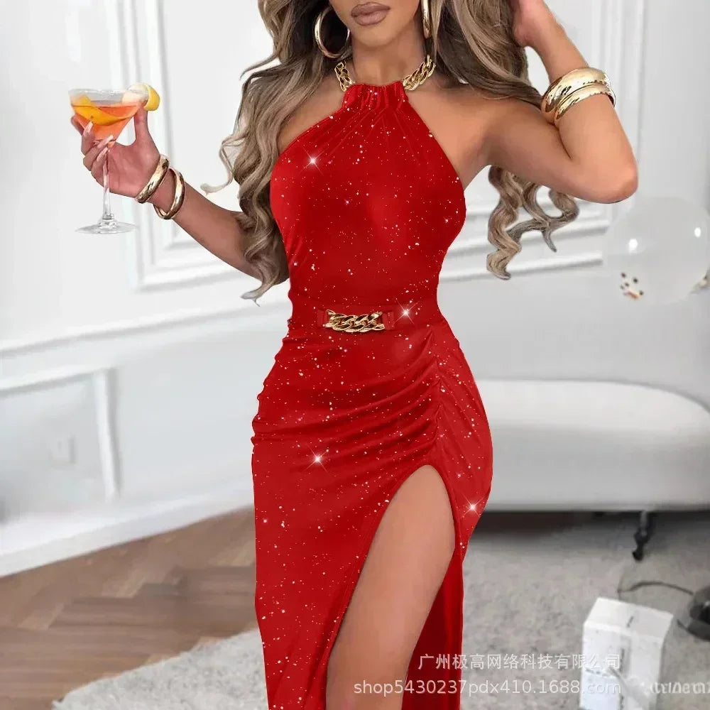 Women Spring Summer Glitter Lurex Halter High Slit Slim Fit Metal Chain Mid-Calf Bodycon Party Dress Sexy