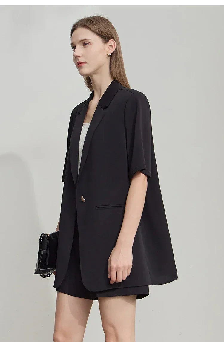 Amii Women's Top Minimalist 2025 Summer New Notched Lapel Contrast Material Patchwork One Button Short Sleeve Blazer 12542081