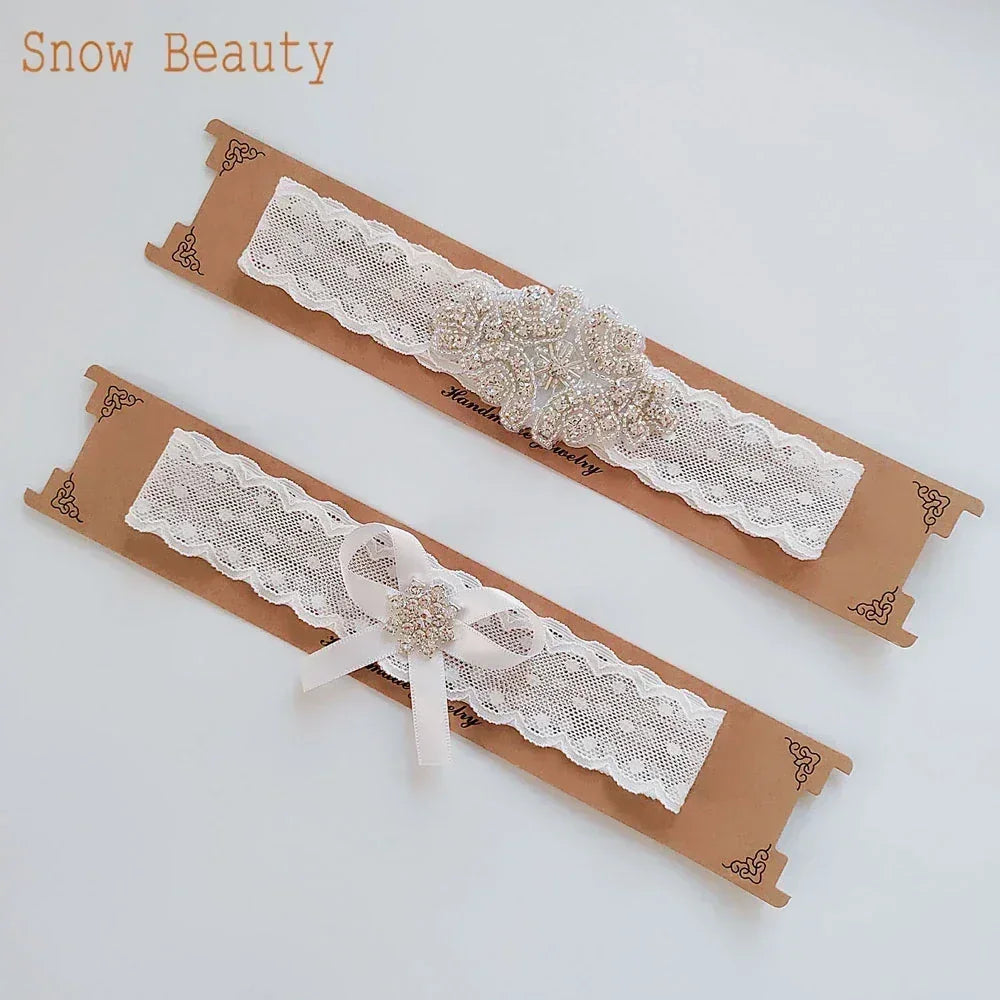 K03 2 PCS Sexy Lace Flower Crystal  Pearls Wedding Garter Belt Thigh Ring Bridal Leg Garter Stocking Garter Belt Girl Women