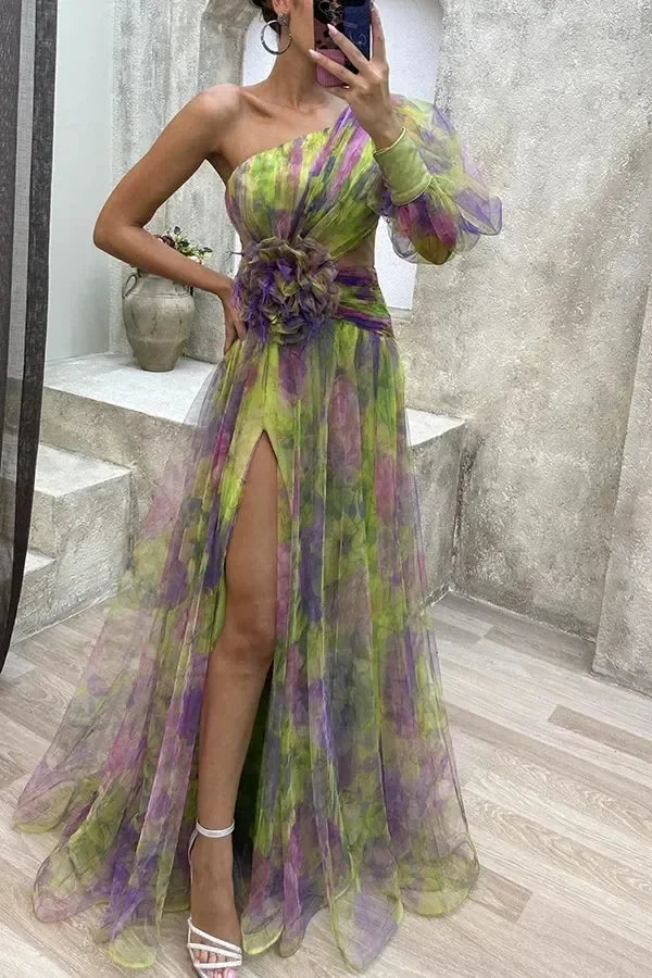 Elegant Oblique Shoulder Single-sleeve  Zipper High Slit Mesh Long Dress For Women Fashion Flower Decoration Party Dress Female