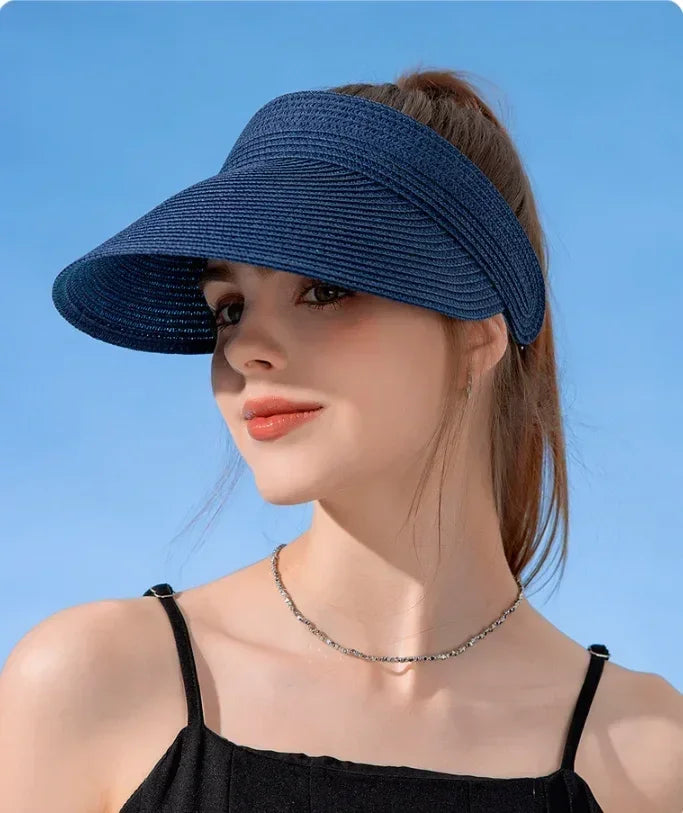 Spring and Summer Women's Outdoor Sunshade  Straw Hat Fashion Empty Top  Duck Tongue Hat Big Brim Cap G37