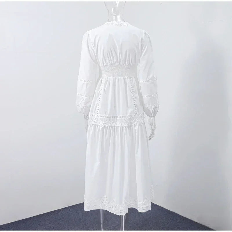 Elegant Lace Patchwork Hollow Out Dress Women Solid V-neck Long Lantern Sleeve Loose Dresses 2025 Spring Vacation Lady Robes