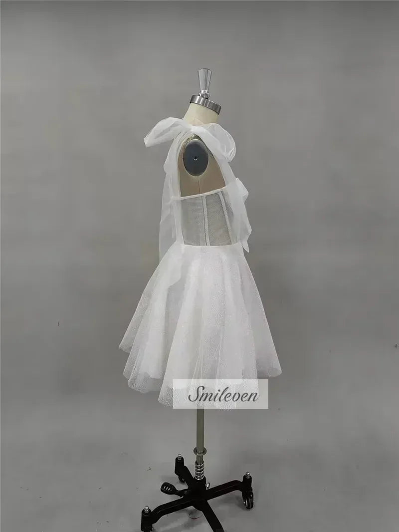 Smileven Short Wedding Dress A Line Sweetheart Neck Shiny Glitter Bride Dresses Mini Bows Strap Vestido de novia 2024 Customized