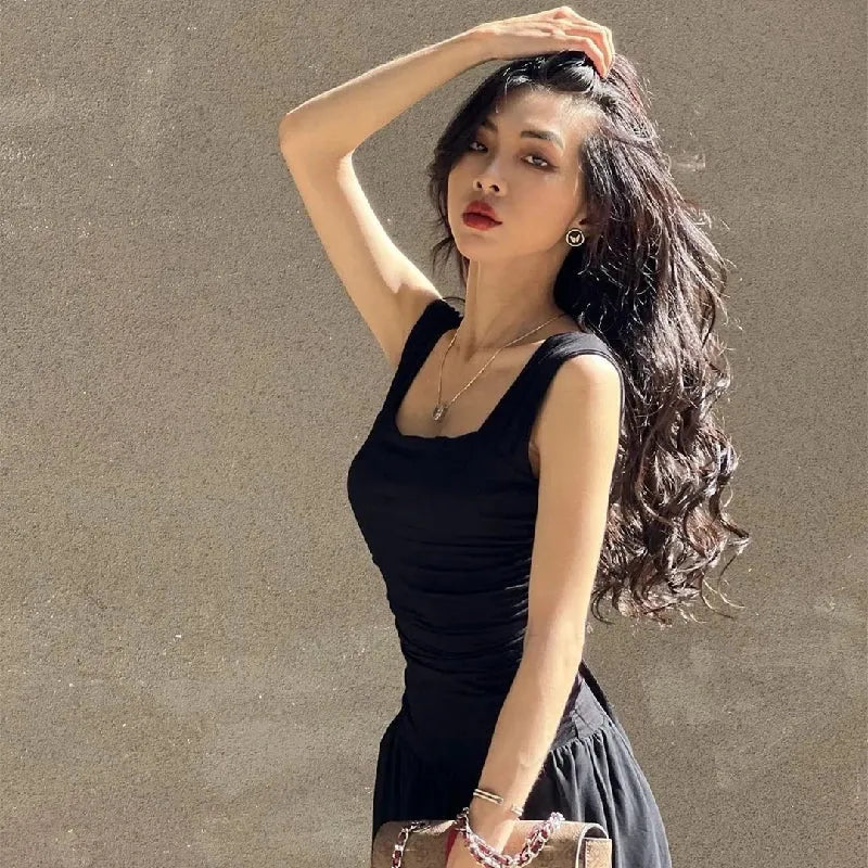 Ruched Bodycon Maxi Dress | Y2K Square Neck Slip Dress -femstylo