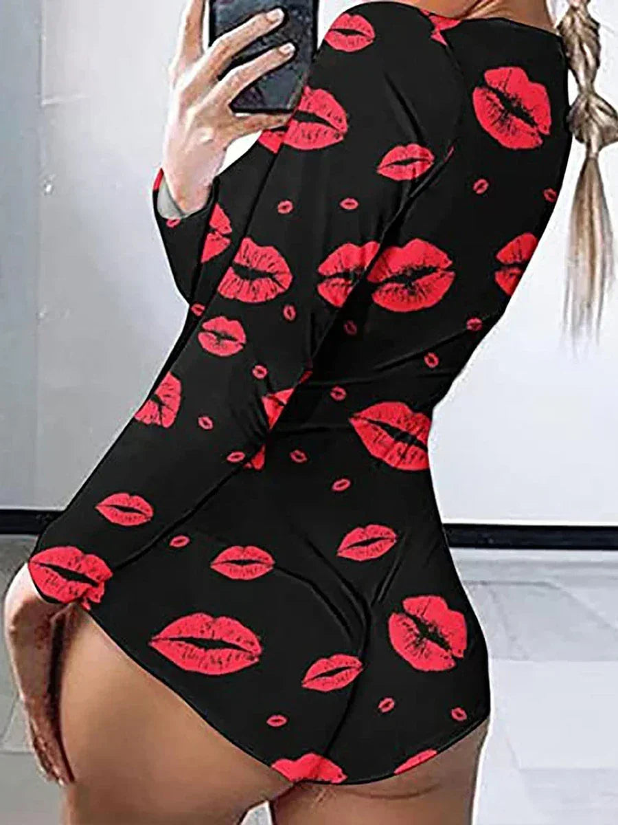 Women’s Long Sleeve Valentine Day Jumpsuit Bodycon V Neck Heart Lip Print Button Down Short Romper Indoor Sleepwear
