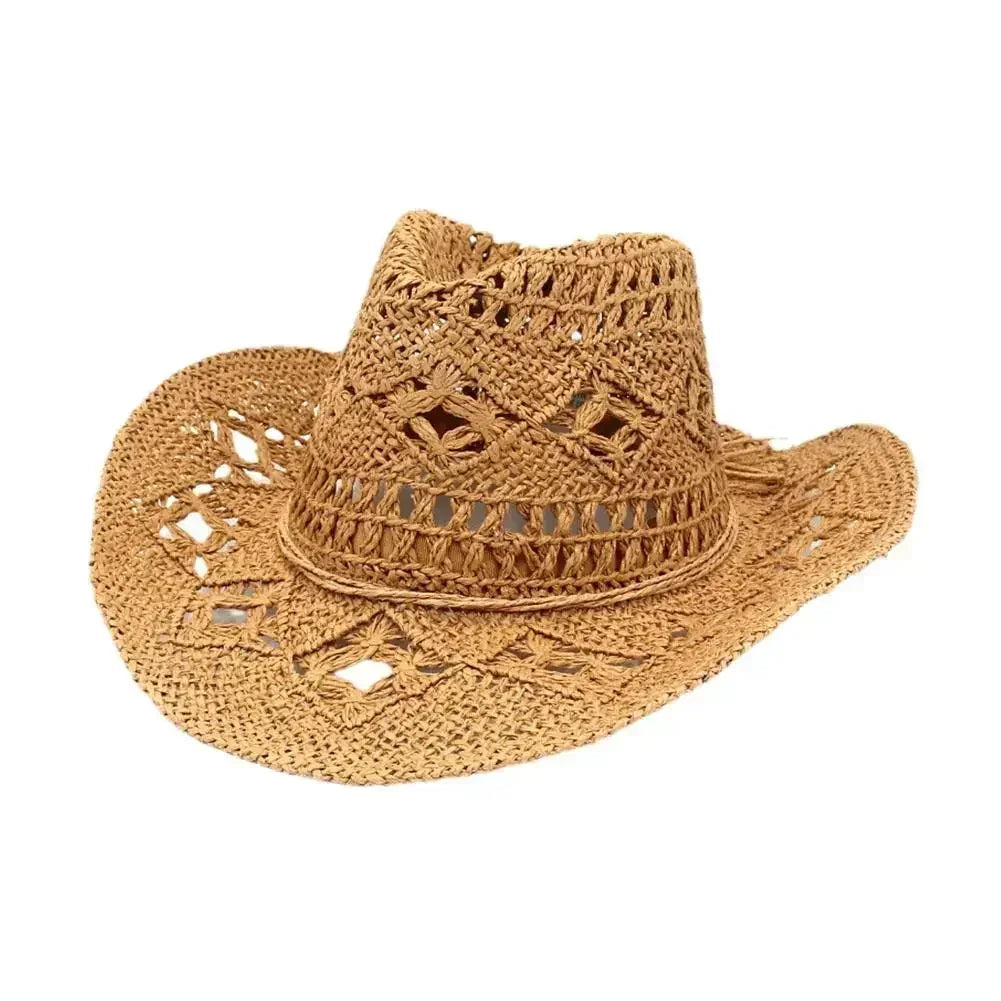 Summer Outdoor Men Women Hand-woven Western Cowboy Straw Hats Wide Brim Breathable Beach Jazz Cap Sun Protection Hat